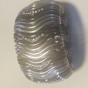 Women's Silver Pewter with Rhinestones Stretch Cuff Bracelet; One Size